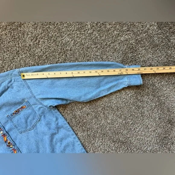 Style Studio Vintage Look Denim Chambray Fall Pumpkin Autumn Shirt Top - Picture 7 of 7